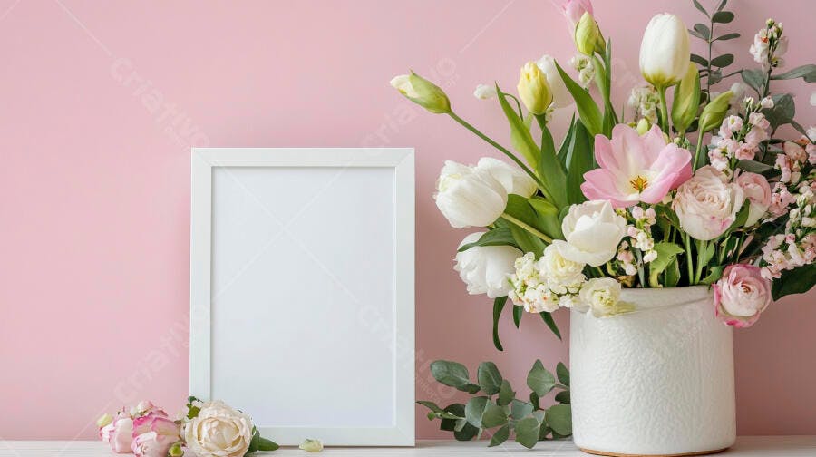 Moldura branca vazia e buquê de flores frescas rosa e brancas sobre mesa rosa claro
