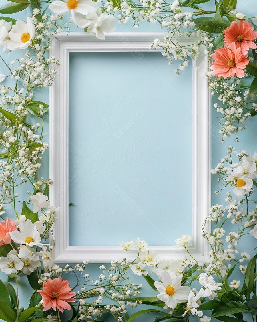 Moldura branca cercada por flores brancas e coral sobre fundo azul claro