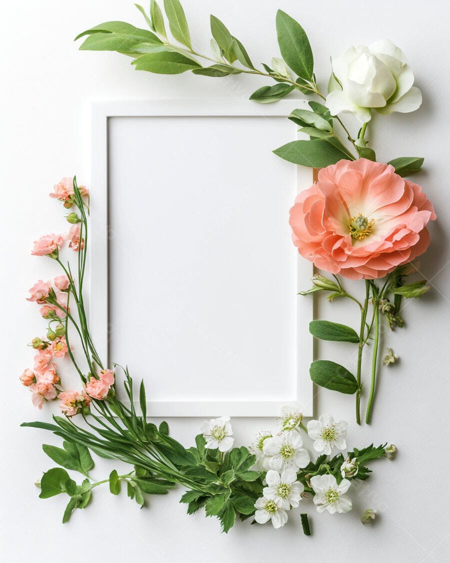 Moldura branca com flores pêssego e brancas folhas verdes frescas fundo minimalista