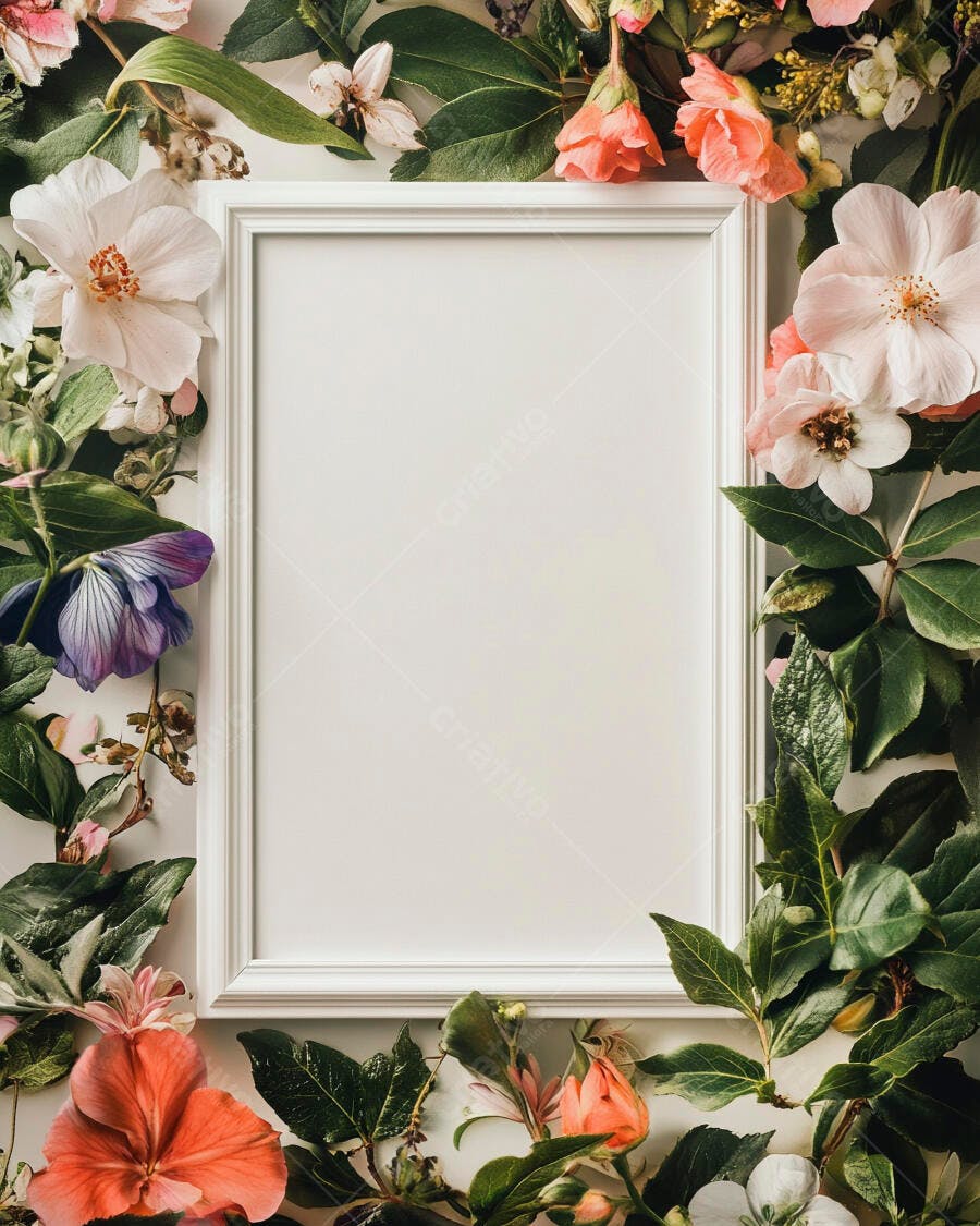 Moldura branca vazia cercada por flores rosas pêssego e folhagens verdes