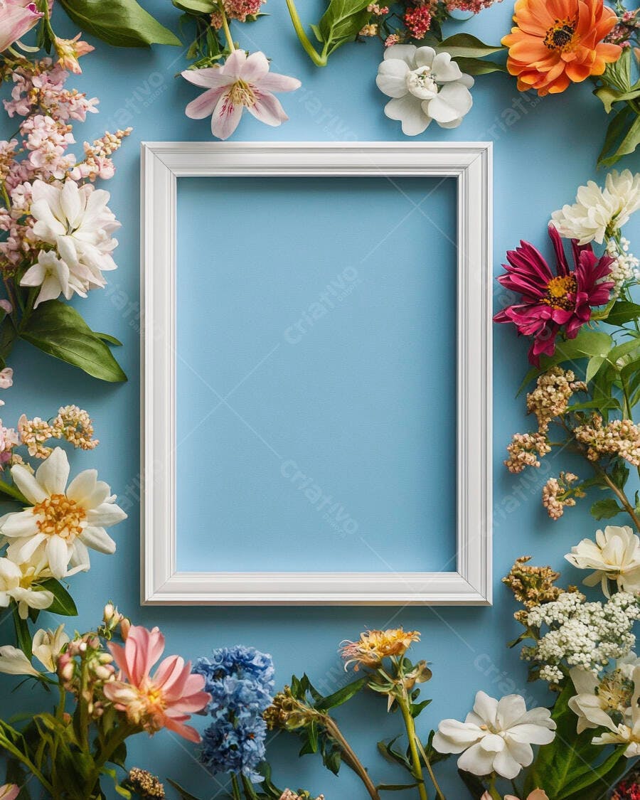 Quadro branco vazio cercado por flores coloridas vibrantes em fundo azul claro