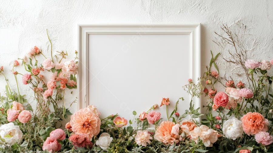 Moldura branca vazia com arranjo floral rosa e pêssego em fundo texturizado