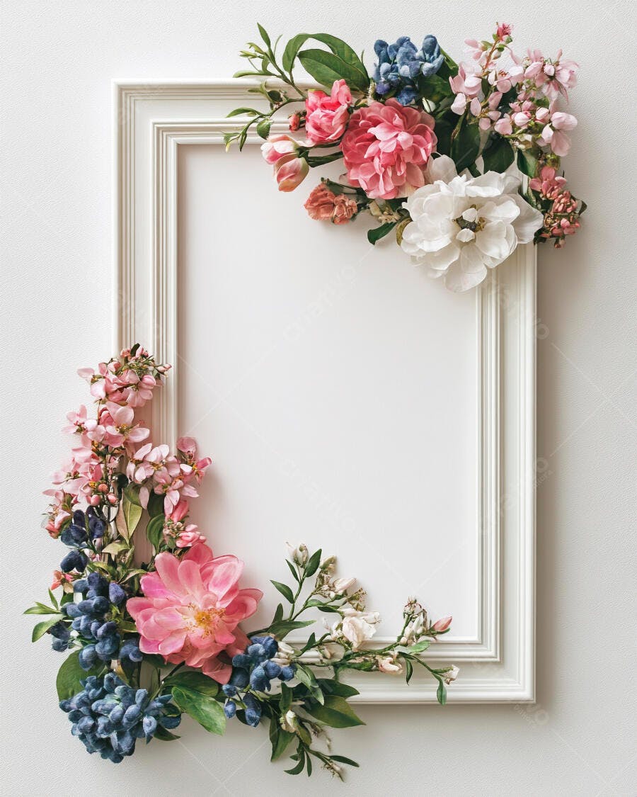 Moldura branca decorada com flores rosas azuis e folhas verdes para texto ou foto
