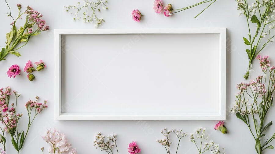 Moldura branca com flores rosas e brancas arranjo de primavera