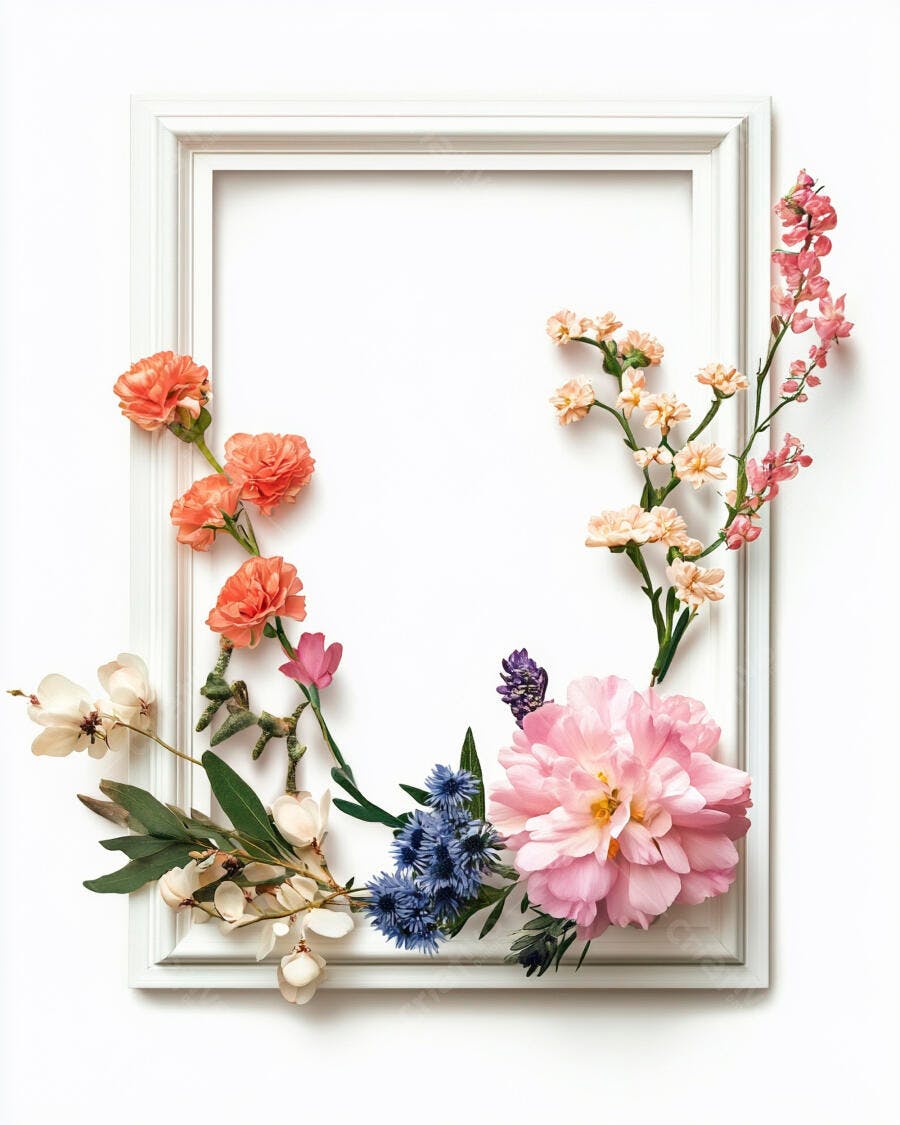 Quadro branco com peônia rosa e flores coloridas em fundo limpo