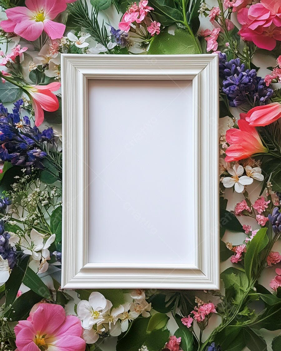 Moldura branca vazia cercada por flores coloridas e folhas verdes