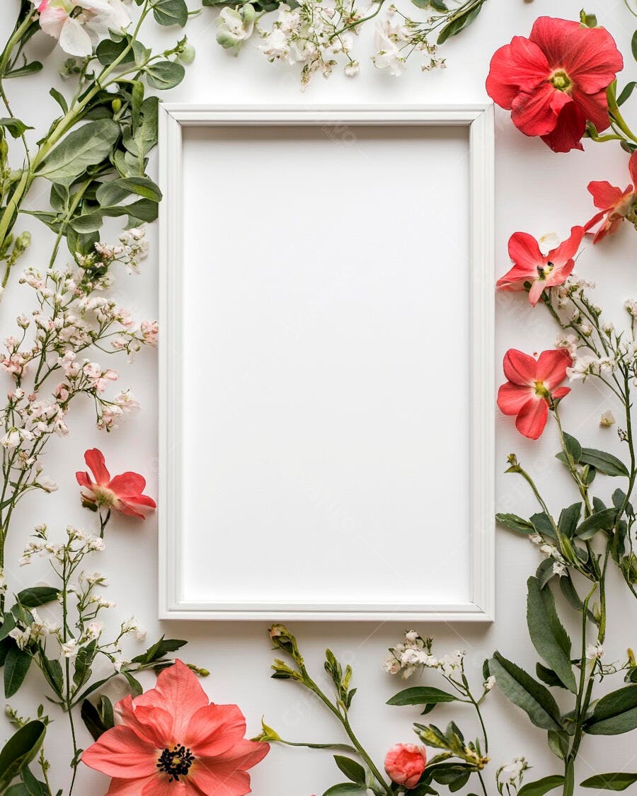 Moldura branca vazia com flores vermelhas e folhas verdes em fundo claro