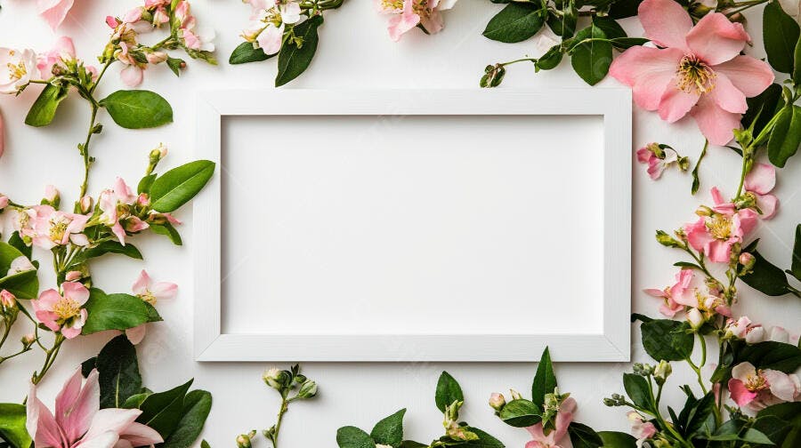 Moldura branca vazia com flores rosa e folhas verdes