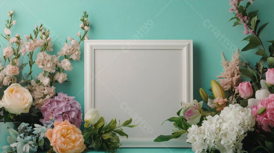 Moldura branca vazia sobre parede turquesa cercada por flores rosa e pêssego delicadas