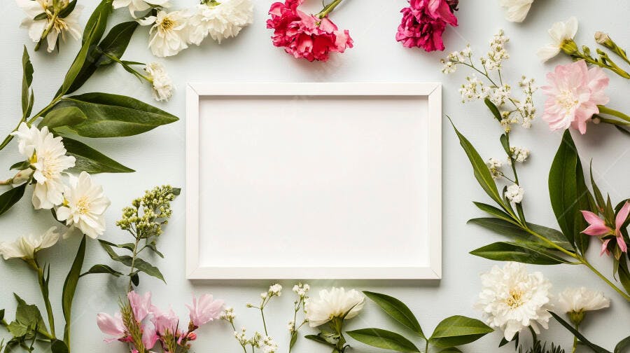 Quadro branco com flores brancas e rosa em fundo azul claro