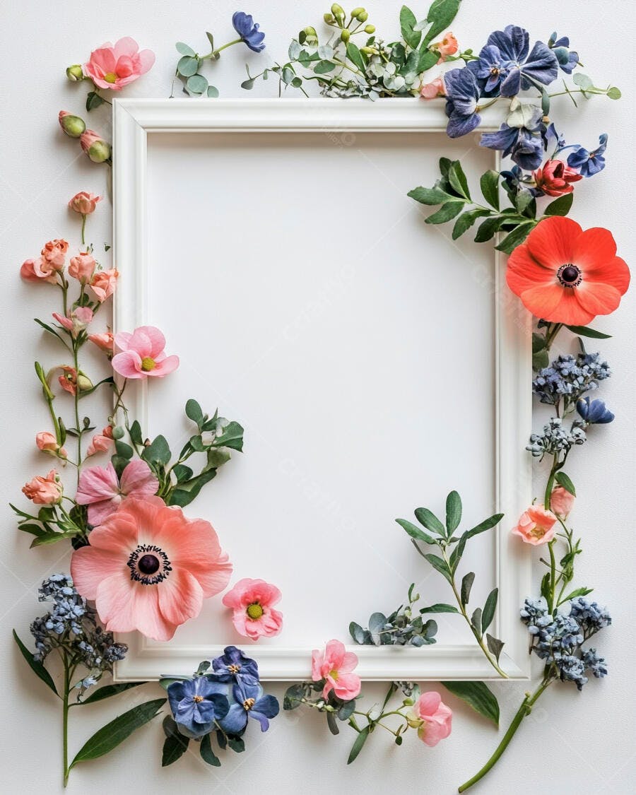 Moldura branca vazia com flores coloridas arranjadas estilo flat lay