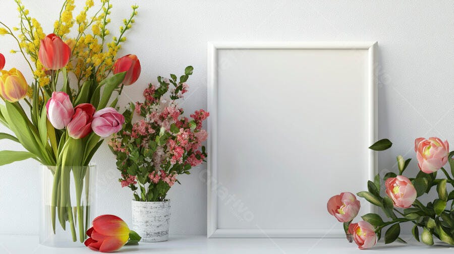 Moldura branca vazia sobre mesa com buquê de tulipas e flores amarelas