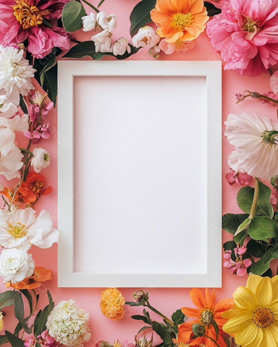 Moldura branca cercada por flores coloridas vibrantes em fundo rosa claro
