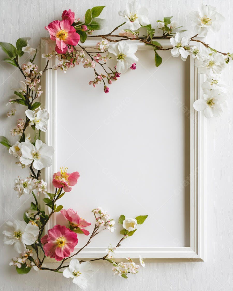 Moldura branca decorada com flores rosas e brancas galhos verdes suave primaveril