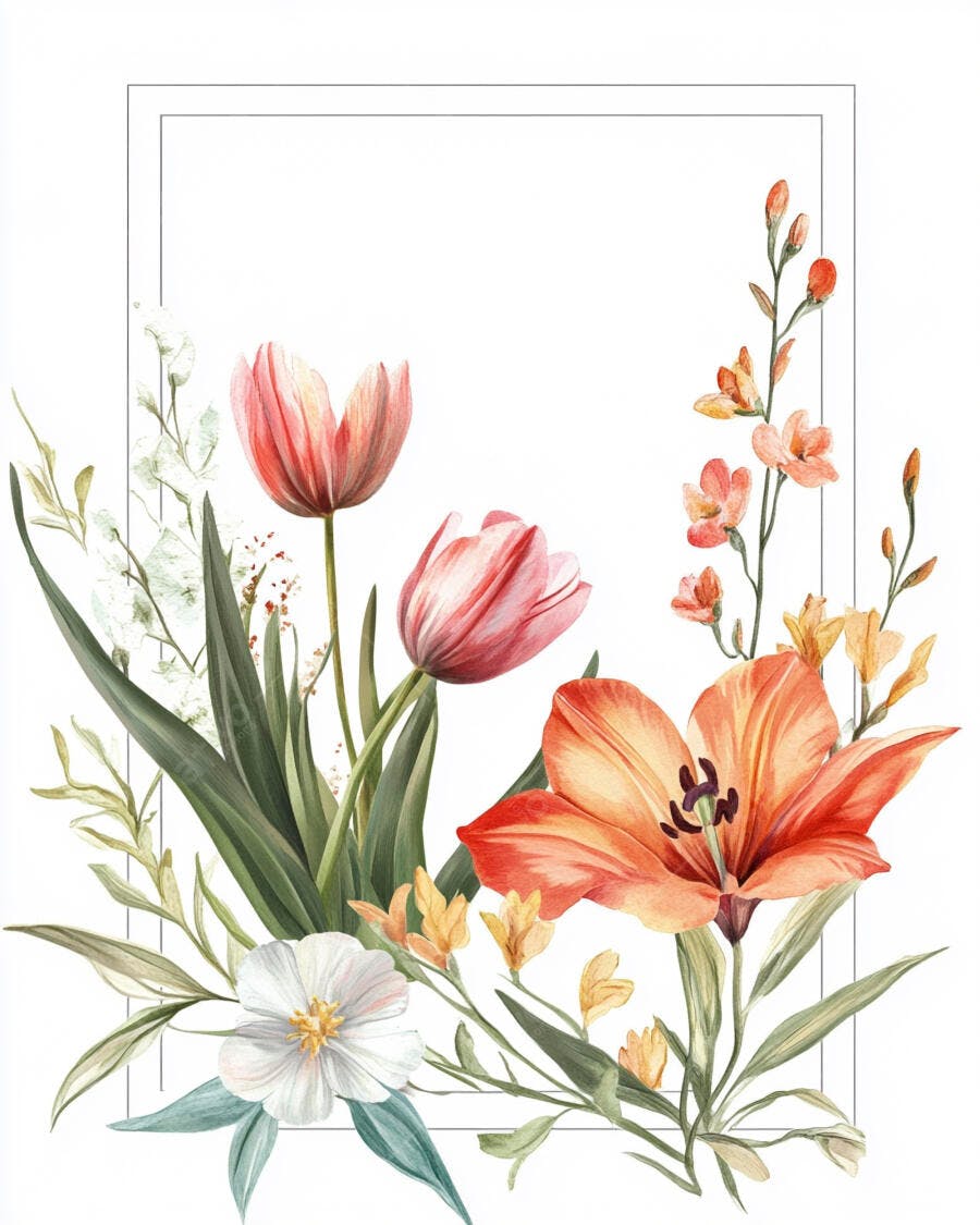 Arranjo floral aquarela com tulipas e lírio laranja em moldura delicada
