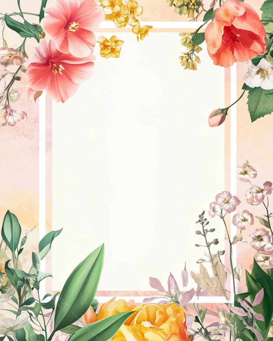 Quadro floral rosa e amarelo aquarela suave para convite ou cartão