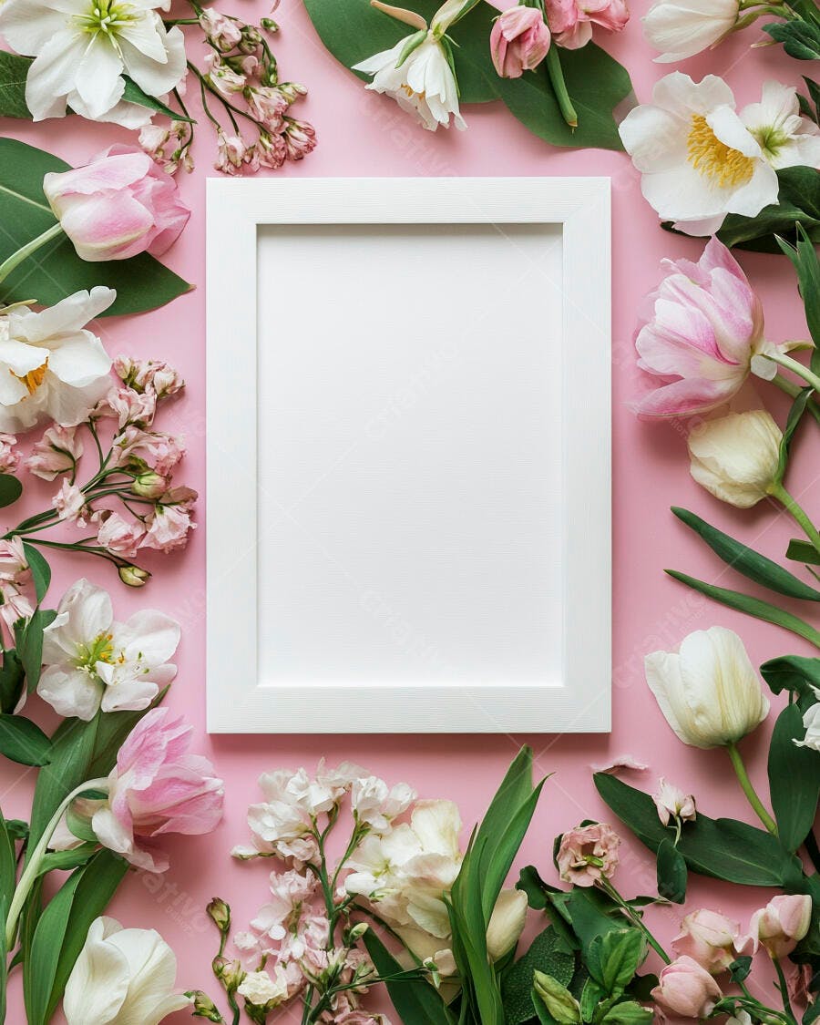 Moldura branca retangular cercada por flores e folhas verdes em fundo rosa pastel