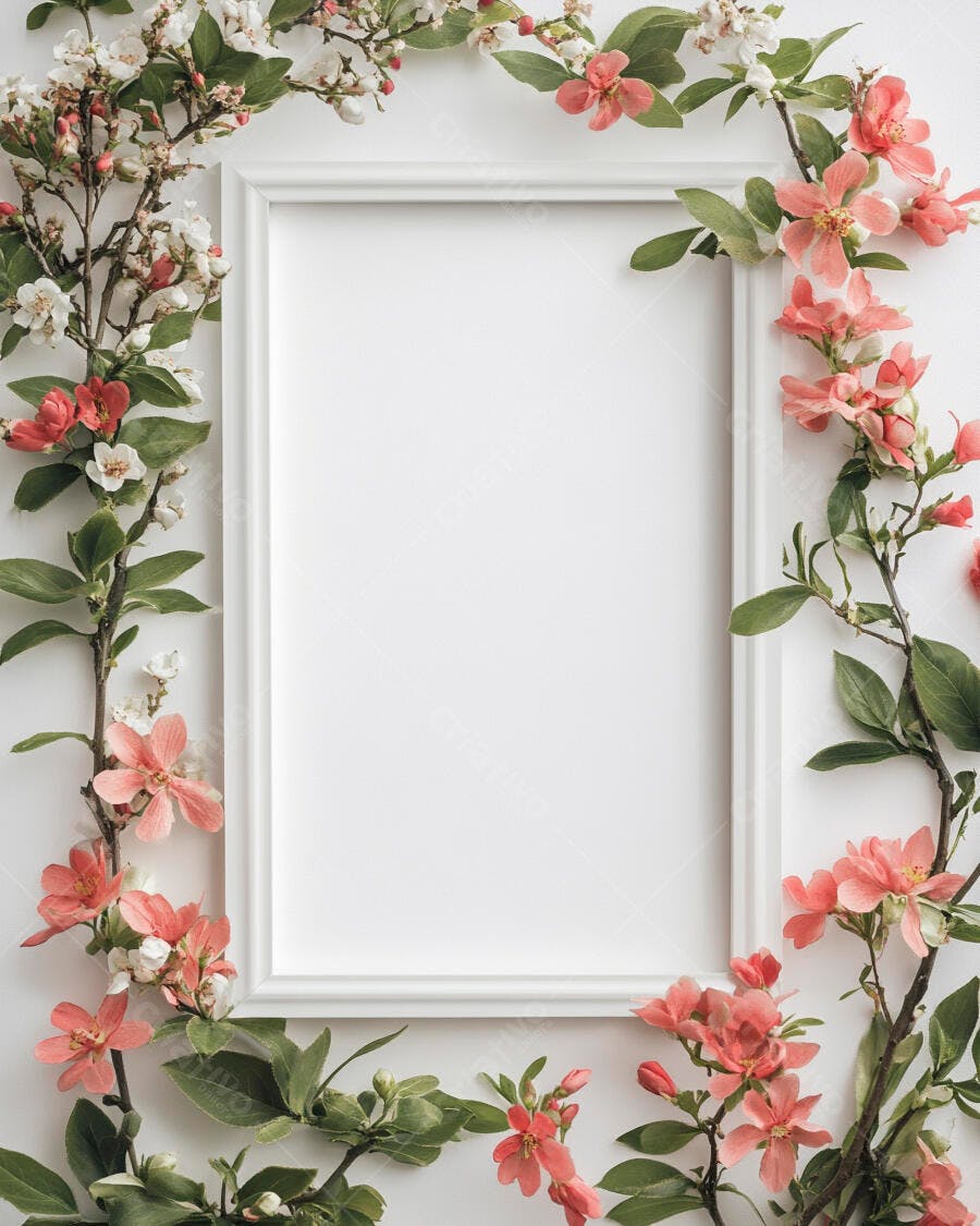 Moldura branca retangular com flores rosa e brancas da primavera em fundo claro