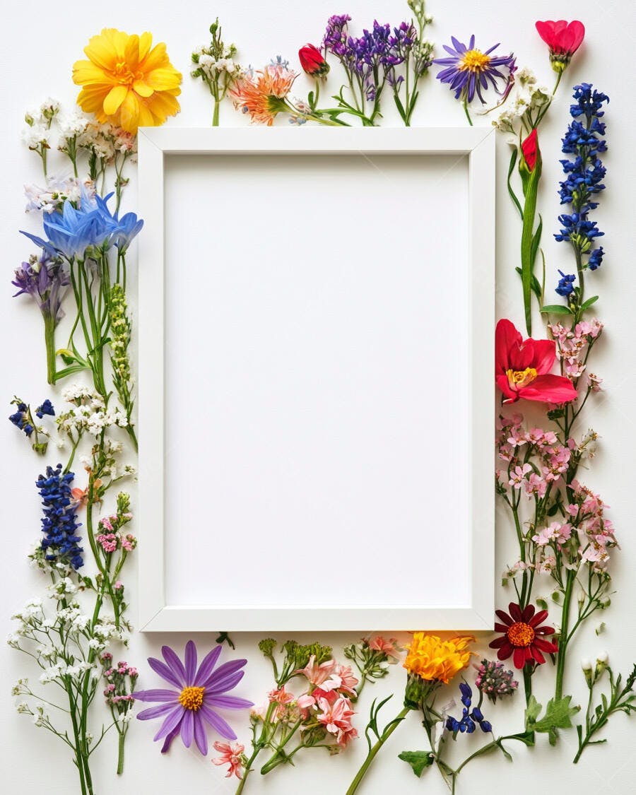 Moldura branca cercada por flores frescas e vibrantes