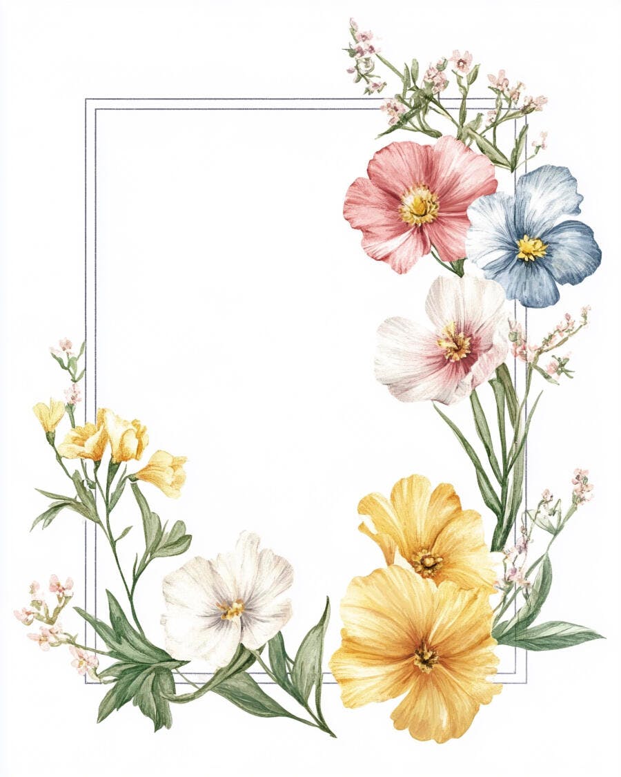 Flores aquarela coloridas delicadas formando moldura retangular para convite