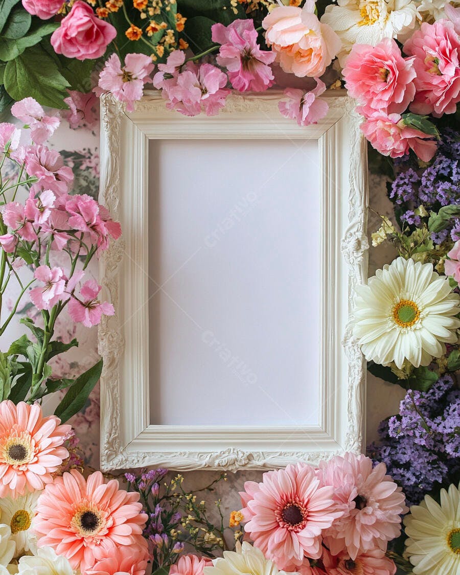 Moldura ornamental branca cercada por flores em tons pastel rosa e roxo