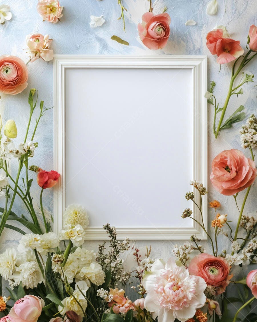 Moldura branca vazia cercada por flores cor de rosa e brancas sobre fundo azul