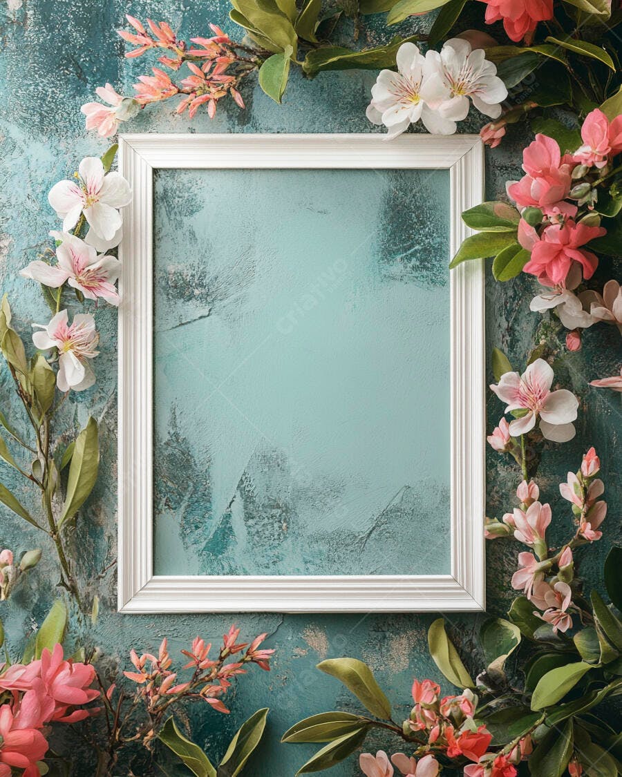 Moldura branca vazia com flores rosa e brancas em fundo azul esverdeado texturizado