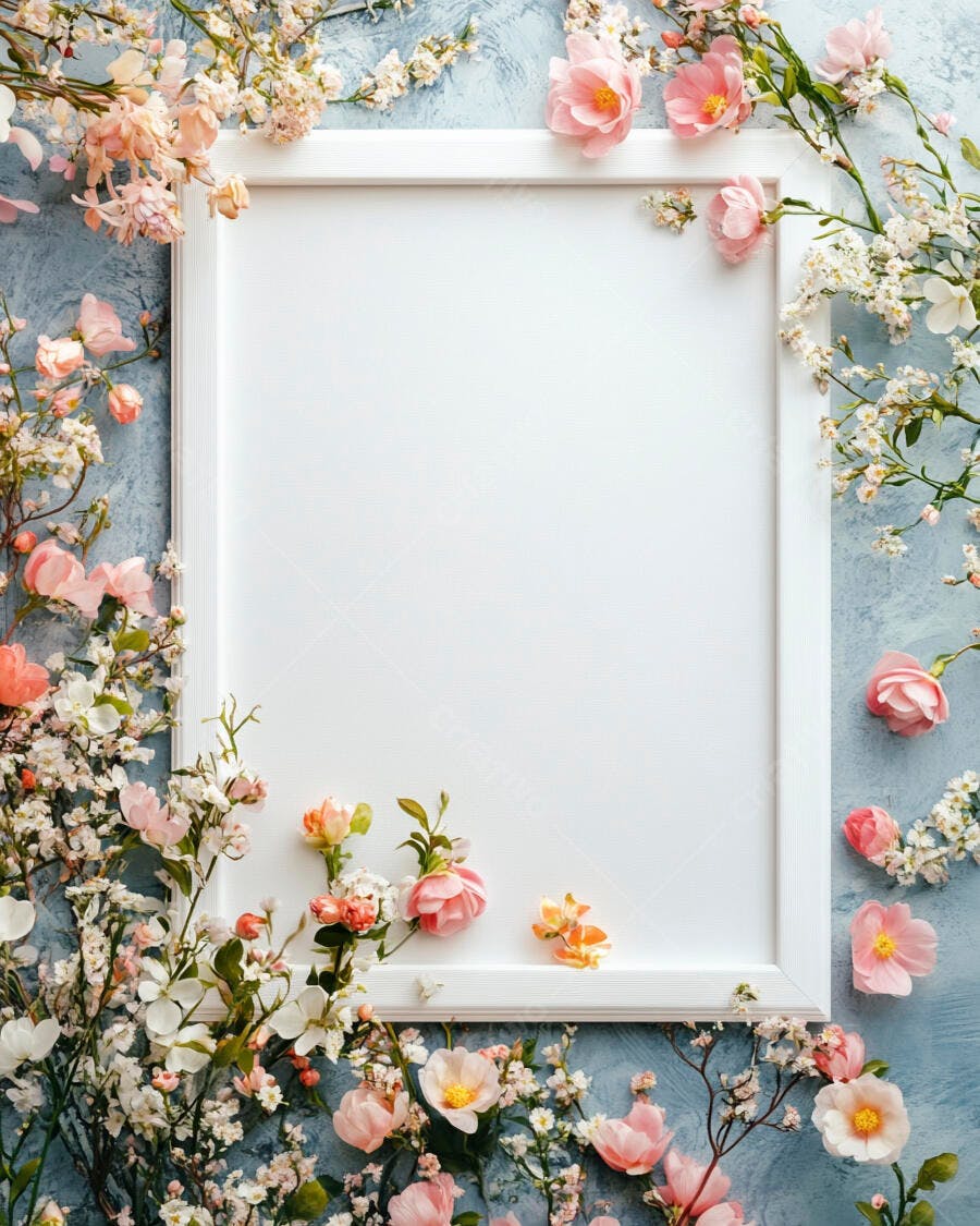 Moldura branca vazia com flores de primavera rosa e pêssego em fundo azul