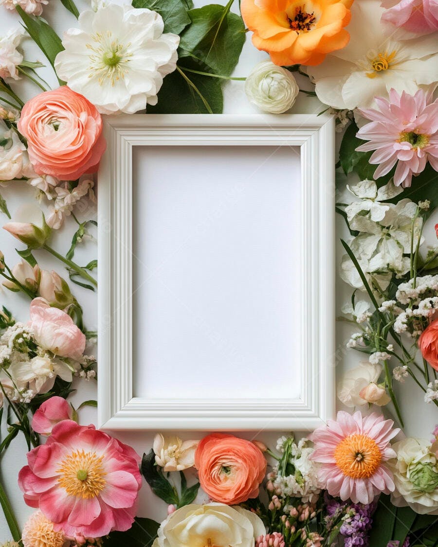 Moldura branca vazia cercada por flores pastel vibrantes para celebrações de primavera