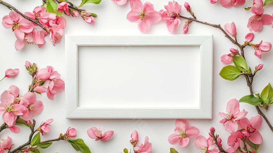 Moldura branca retangular com flores de cerejeira rosa em fundo claro