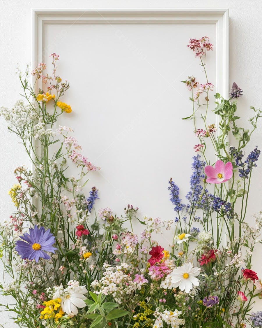 Flores campestres coloridas roxas rosas amarelas em moldura branca simples