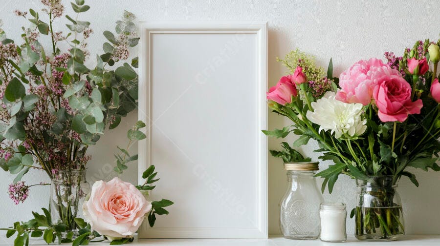 Quadro branco em mockup com buquês de flores frescas e eucalipto