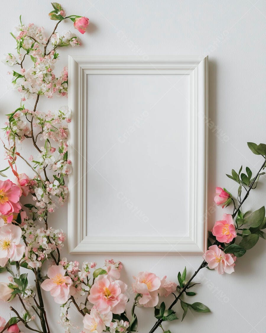Moldura branca com flores rosas e brancas em fundo claro