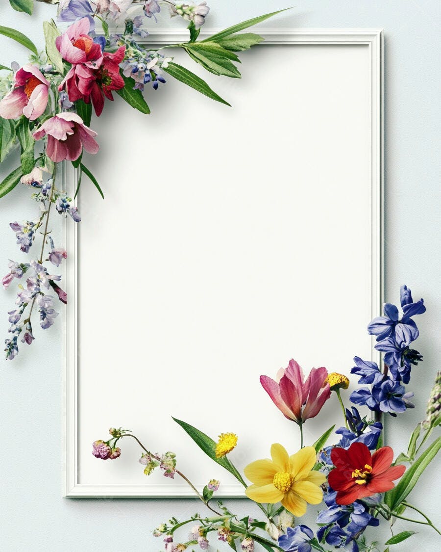 Flores coloridas em moldura branca com espaço vazio para texto ou foto
