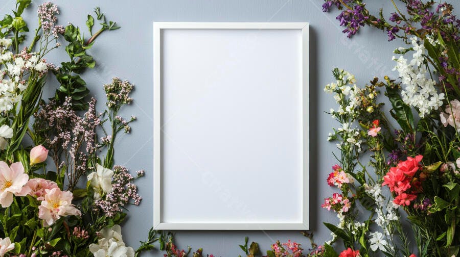 Moldura branca vazia cercada por flores frescas coloridas em fundo azul claro