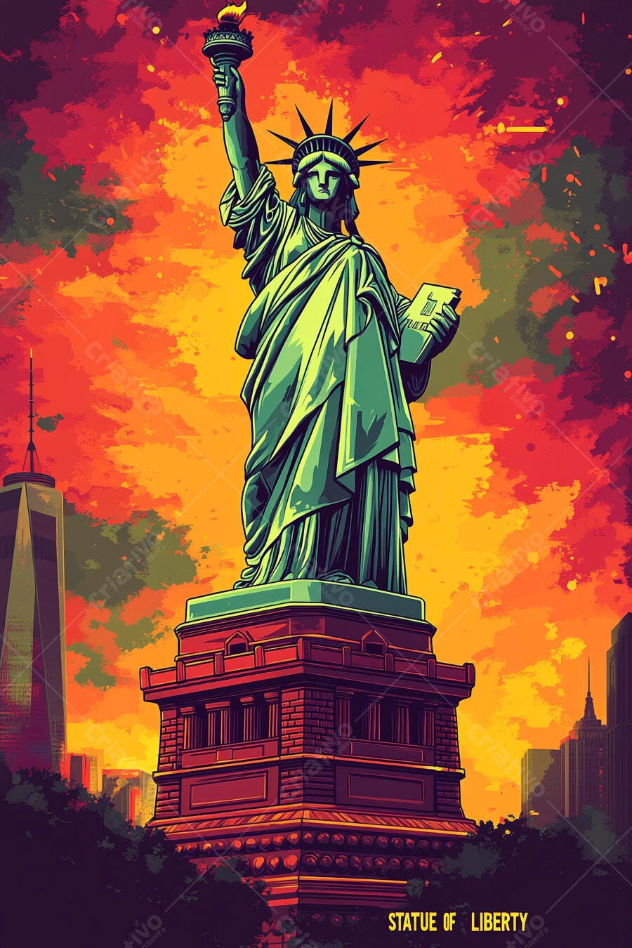 Estátua da Liberdade verde com céu laranja avermelhado e arranha-céus em Nova York