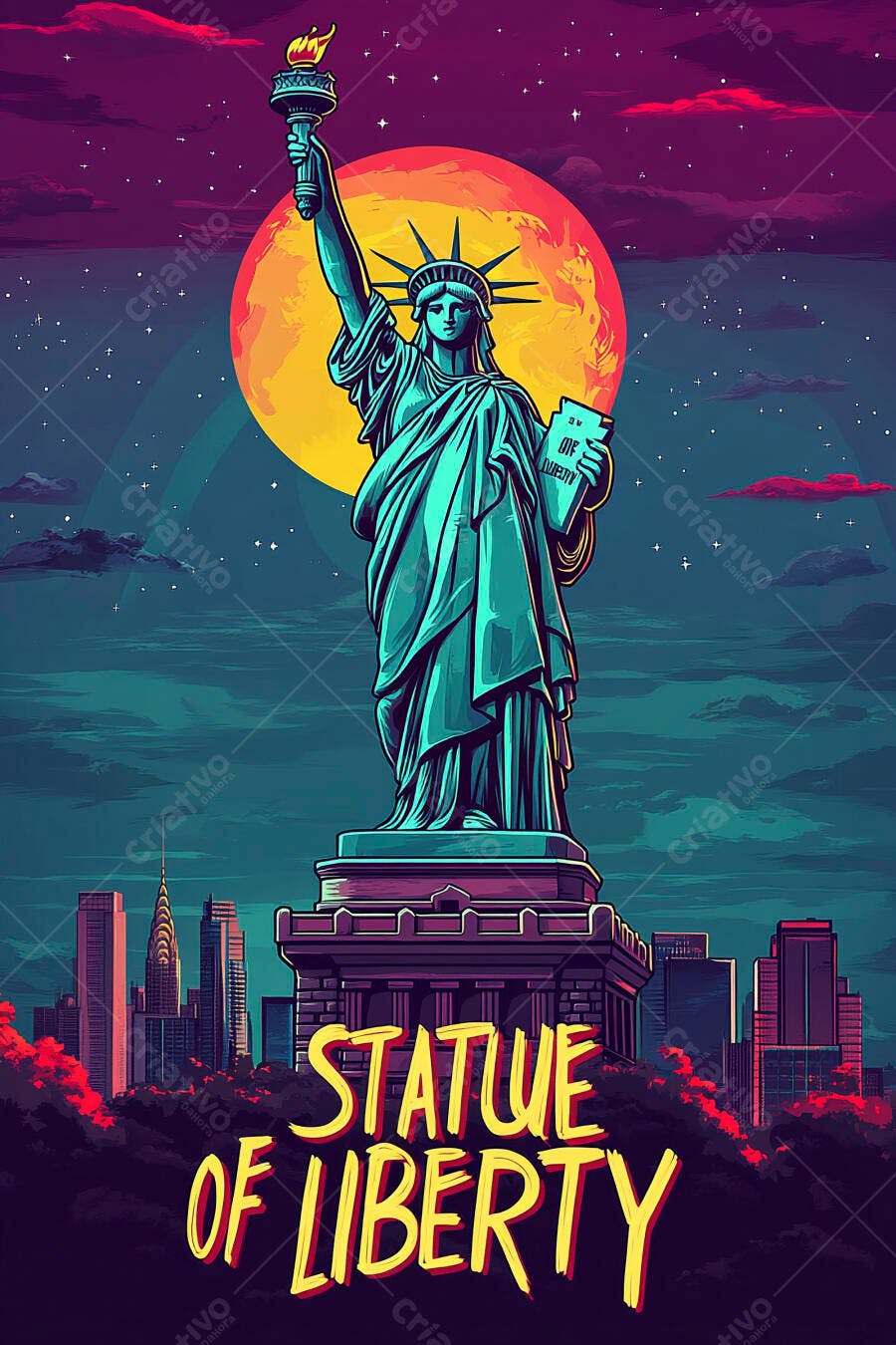Estátua da Liberdade teal com tocha acesa sob lua cheia laranja céu noturno em Nova York