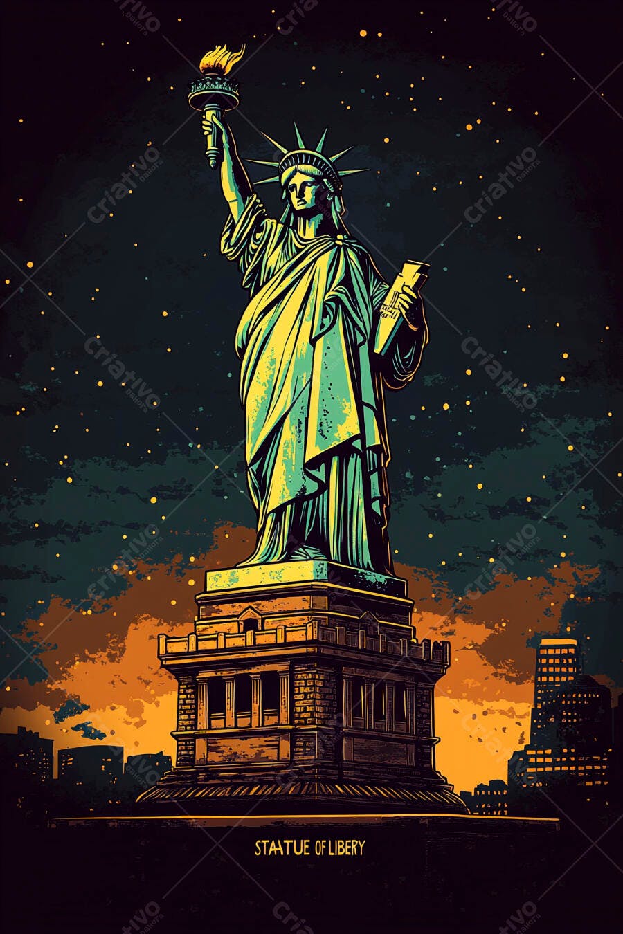 Estátua da Liberdade em ilustração vibrante com céu noturno estrelado e cidade