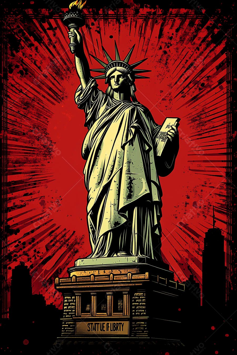 Estátua da Liberdade em estilo pop art com fundo grunge vermelho e prédios