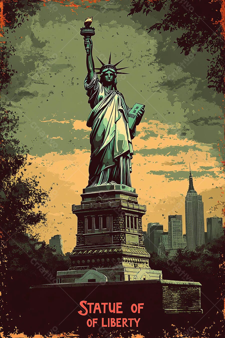 Estátua da Liberdade ilustração vintage Nova York ao pôr do sol laranja