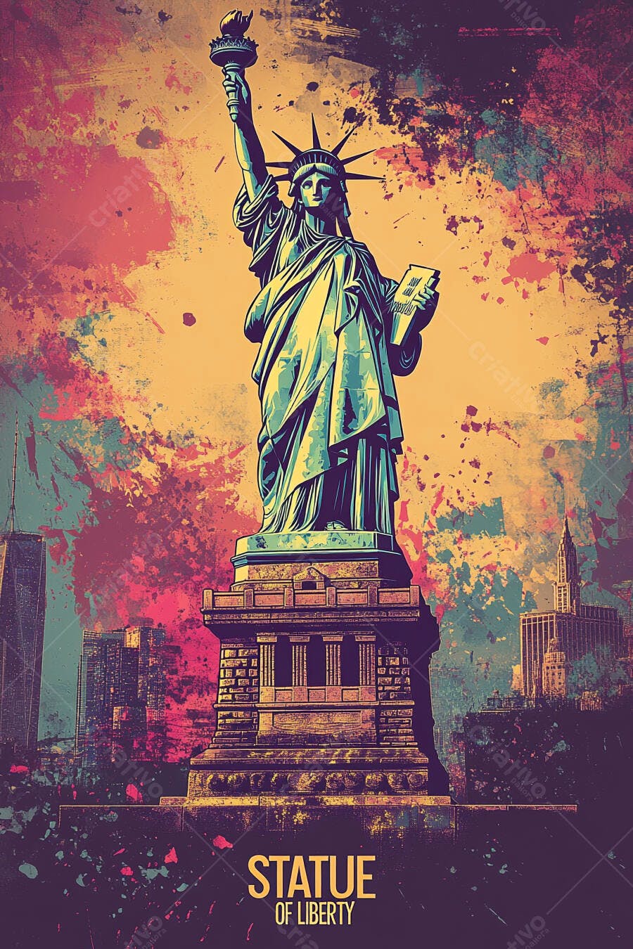 Estátua da Liberdade pop art turquesa em paisagem urbana vibrante moderna