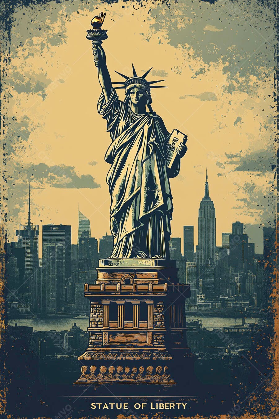 Estátua da Liberdade em Nova Iorque com Skyline Urbano em Estilo Vintage