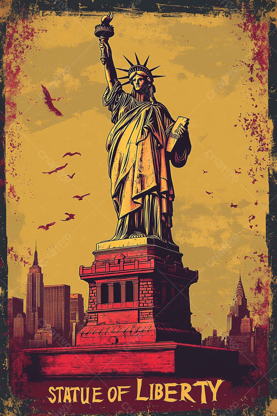 Estátua da Liberdade em estilo grunge vintage com skyline de Nova York