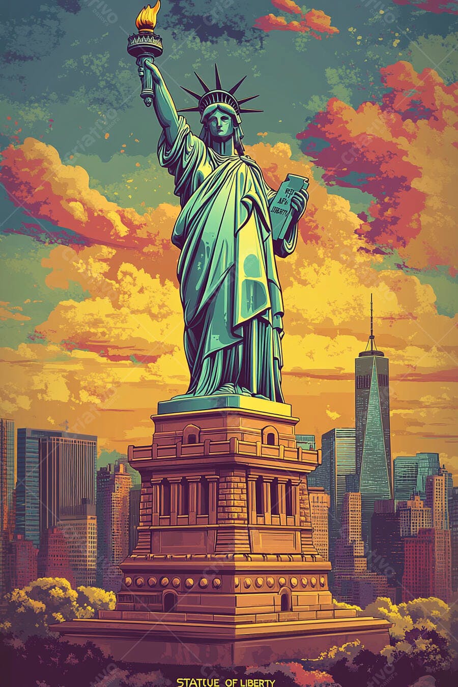 Estátua da Liberdade verde com céu vibrante e prédios de Nova York ao entardecer