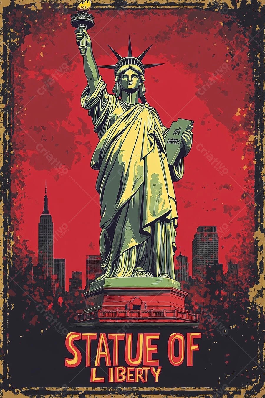 Estátua da Liberdade ilustração vintage com fundo vermelho e skyline de Nova York