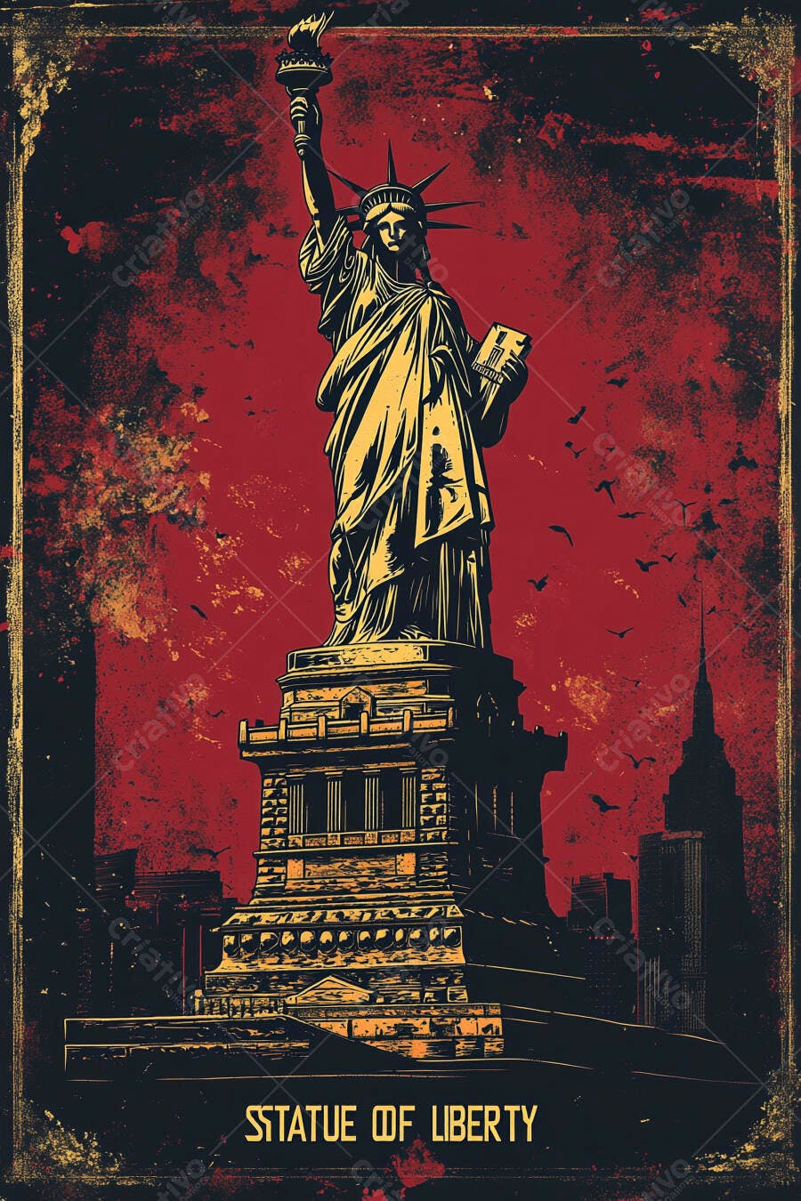 Estátua da Liberdade ilustração grunge Nova Iorque com fundo vermelho e tons dourados