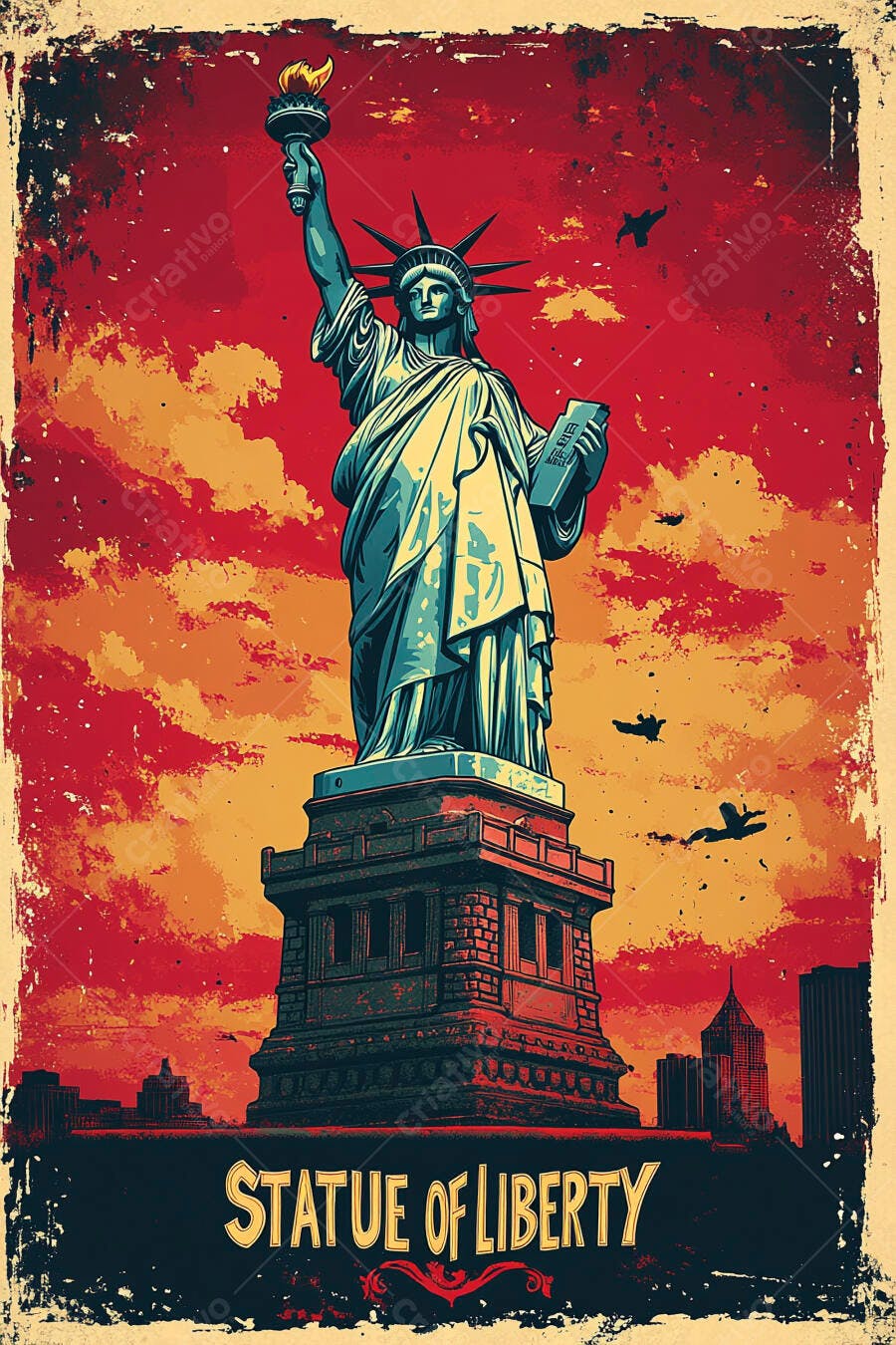 Estátua da Liberdade ilustração vintage com céu dramático cores vibrantes