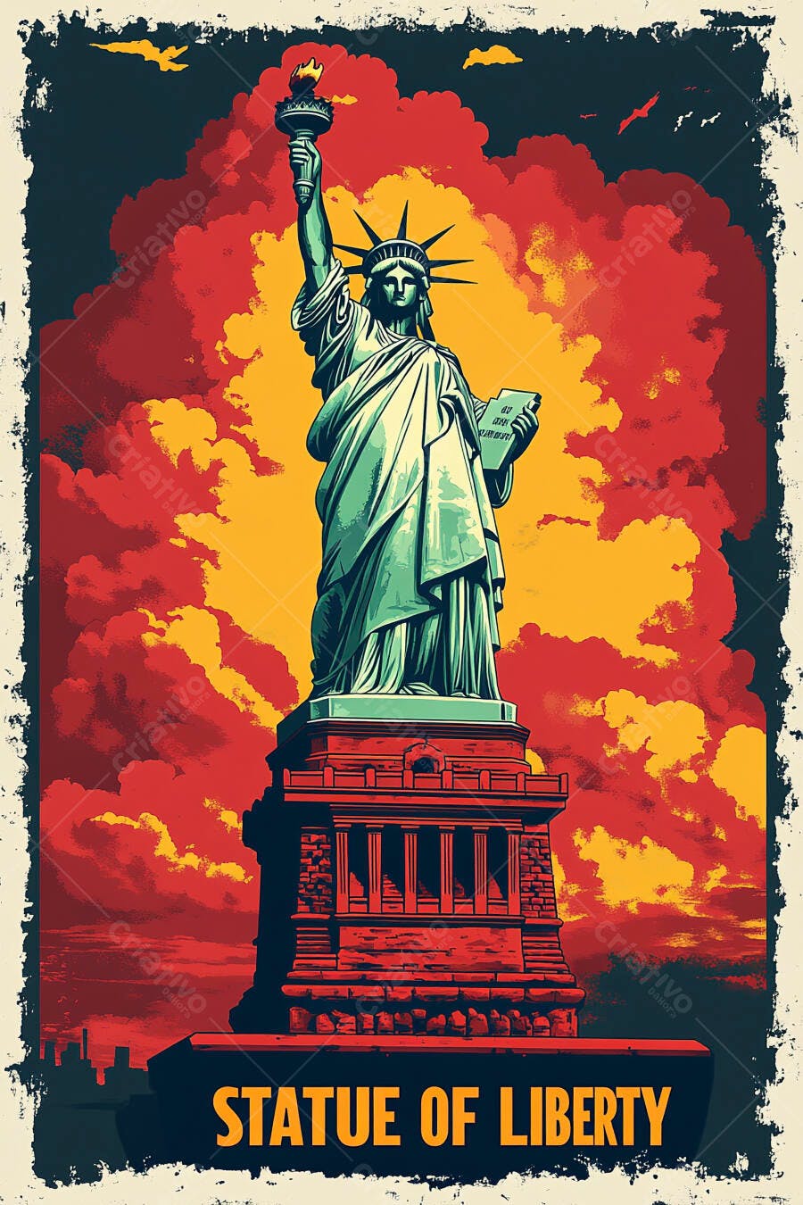 Estátua da Liberdade ilustração vibrante com céu vermelho e amarelo