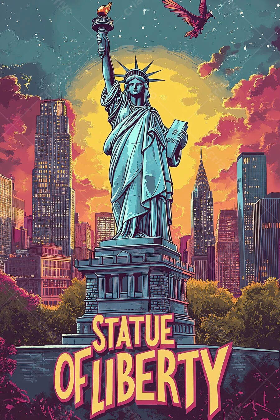 Estátua da Liberdade com arranha-céus Nova York ao pôr do sol vibrante