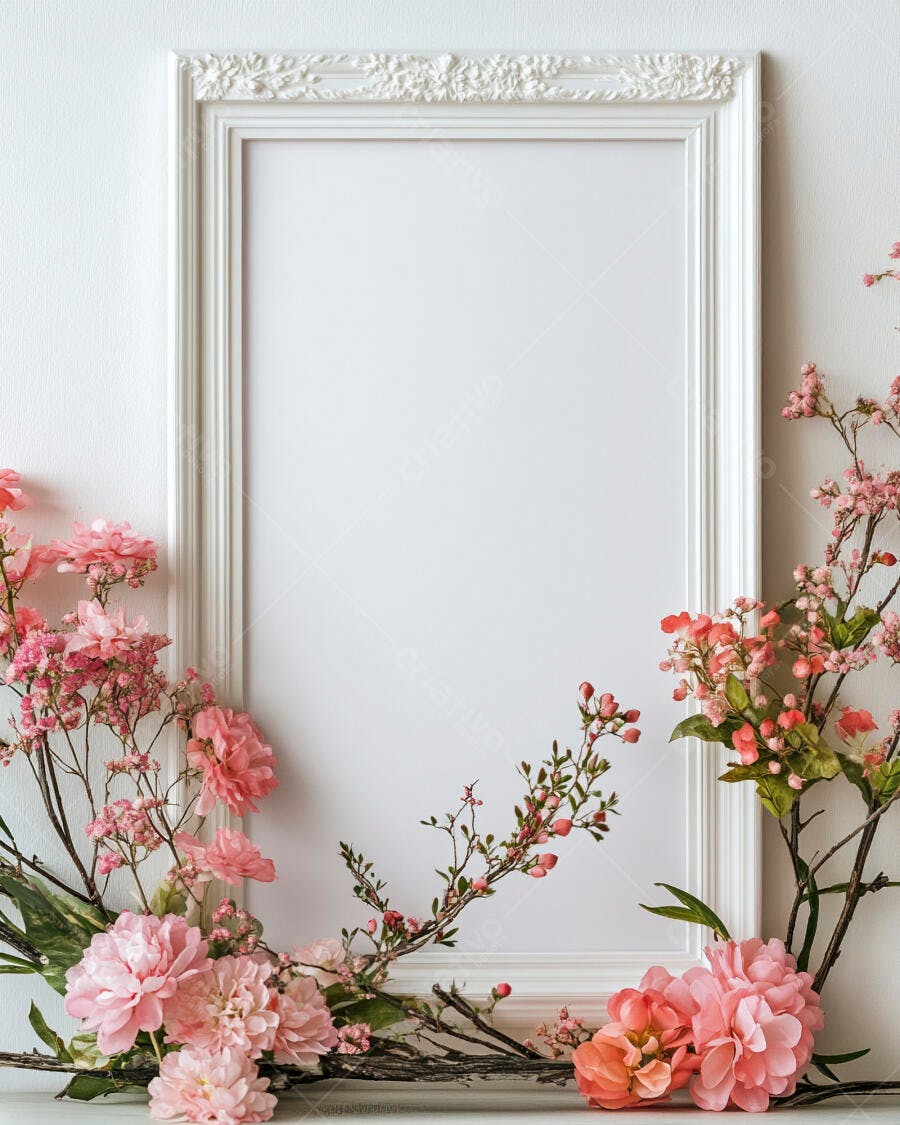 Moldura branca vazia decorada com flores cor de rosa e galhos secos para mockup